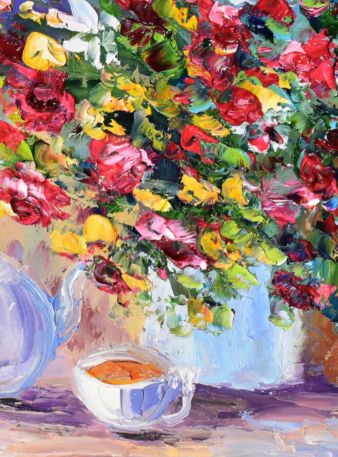 Flower Meadow Art Impasto Oil Painting Still Life Painting Cup Of Tea Art Small Wall Art Summer Flower Art Kitchen Still Life Art Teapot - Image 4