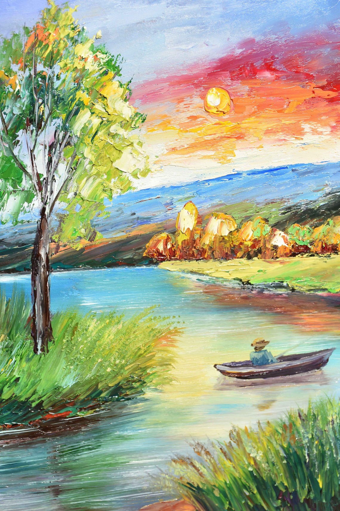 Fisherman Painting Landscape Art Landscape Painting Fisherman Fishing Art Fishing Landscape Fisherman Art Autumn Painting Boat On The Lake - Image 4