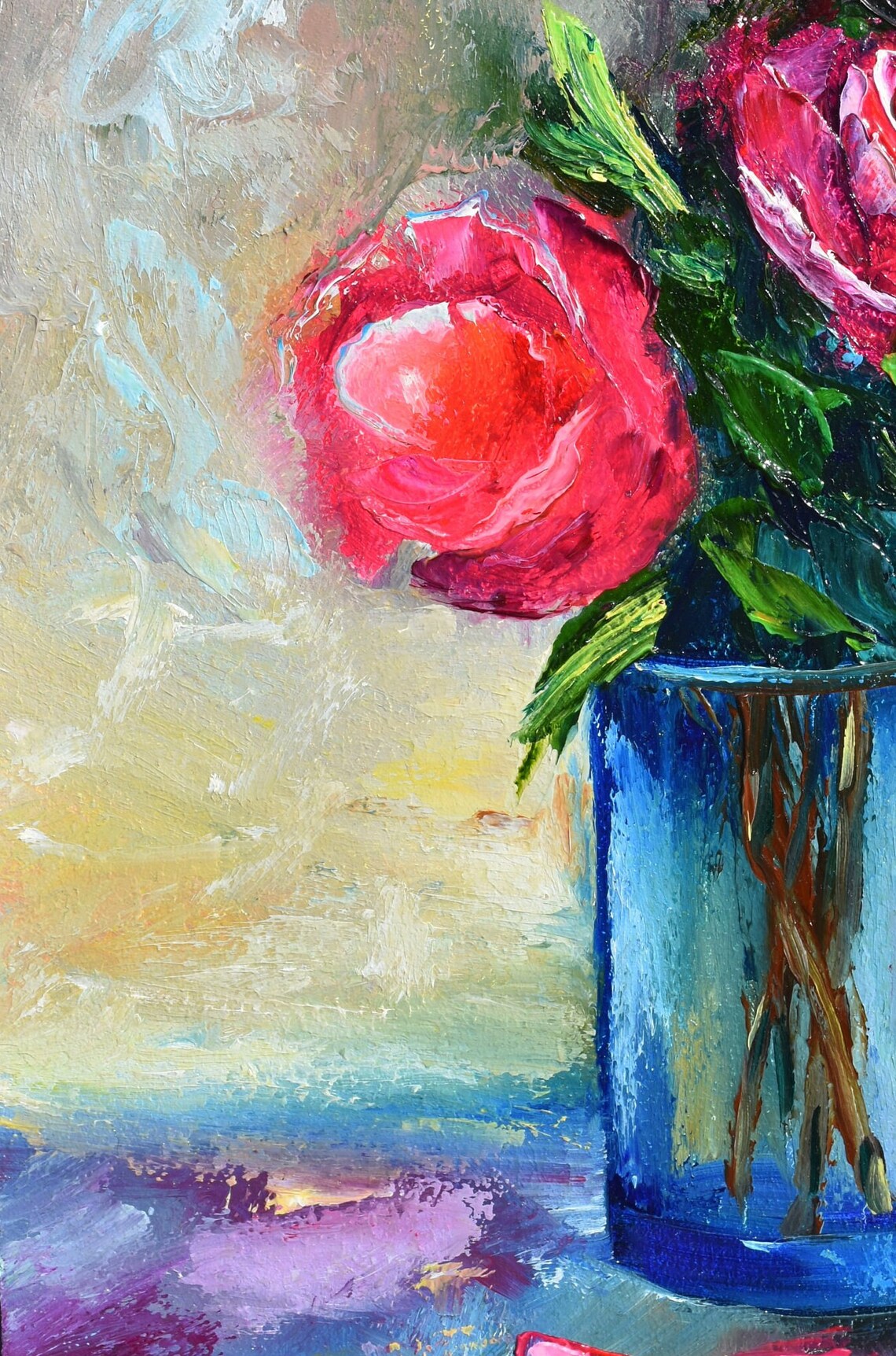 Pink Roses Blue Glass Vase Close Up Impasto Still Life Oil Poster - Image 3