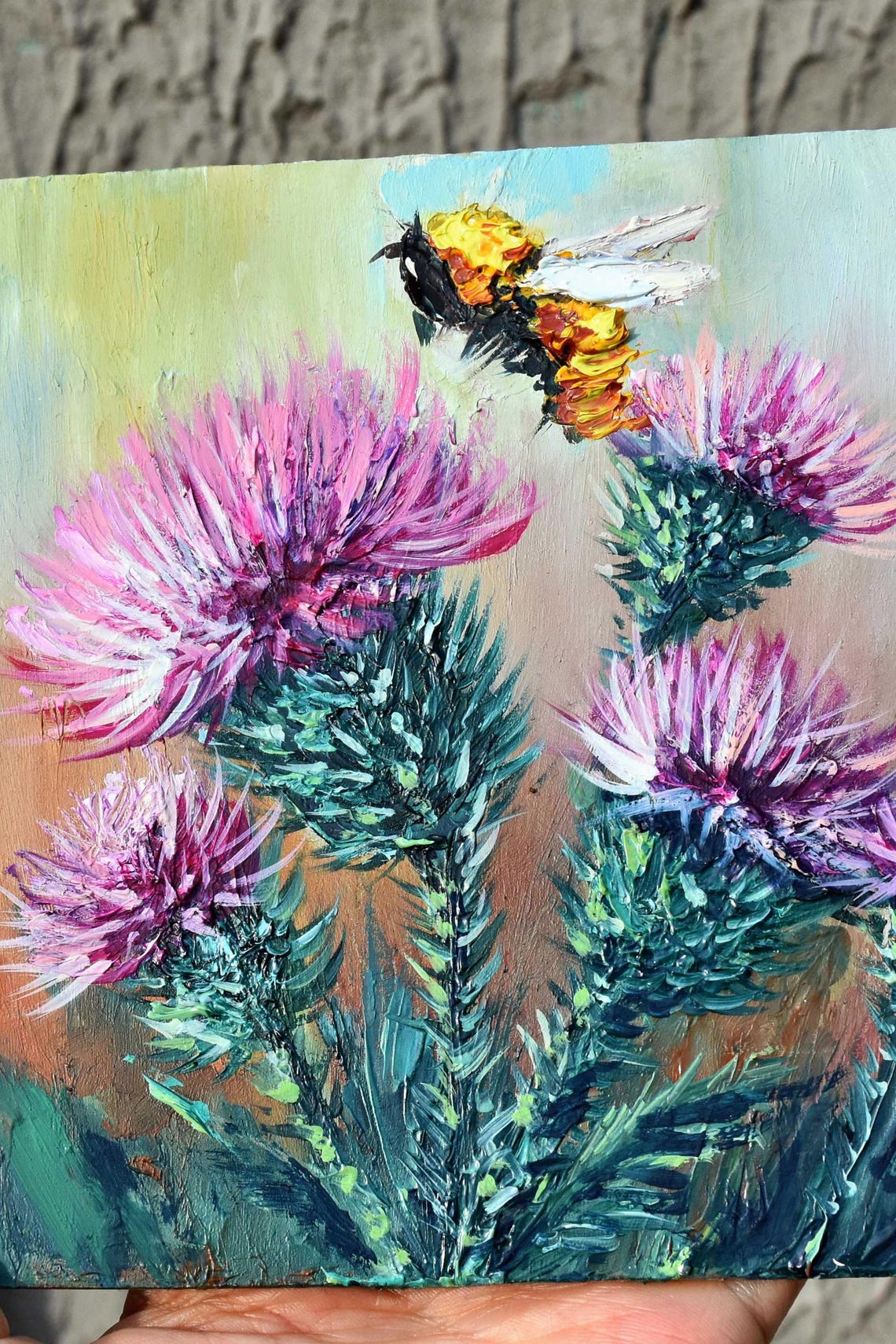 Painting Meadow Flowers Bee In The Meadow Art Painting Burdock Summer Landscape Meadow Flowers Art Bee On A Flower Art Miniature Art Oil Art - Image 3