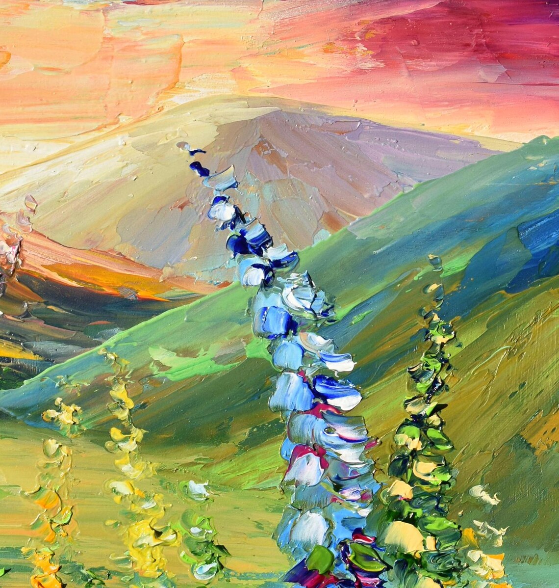 Mountain Landscape With Flowers Painting Mountains Landscape Painting Small Wall Art Wildflowers Painting Impasto Painting Summer Meadow - Image 5