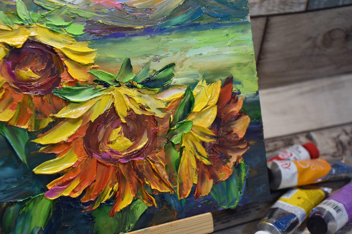 Sunflower Painting Landscape Painting Sunflower Art Meadow Flowers Art Yellow Flower Art Original Art Flower Oil Painting Textured Wall Art - Image 2