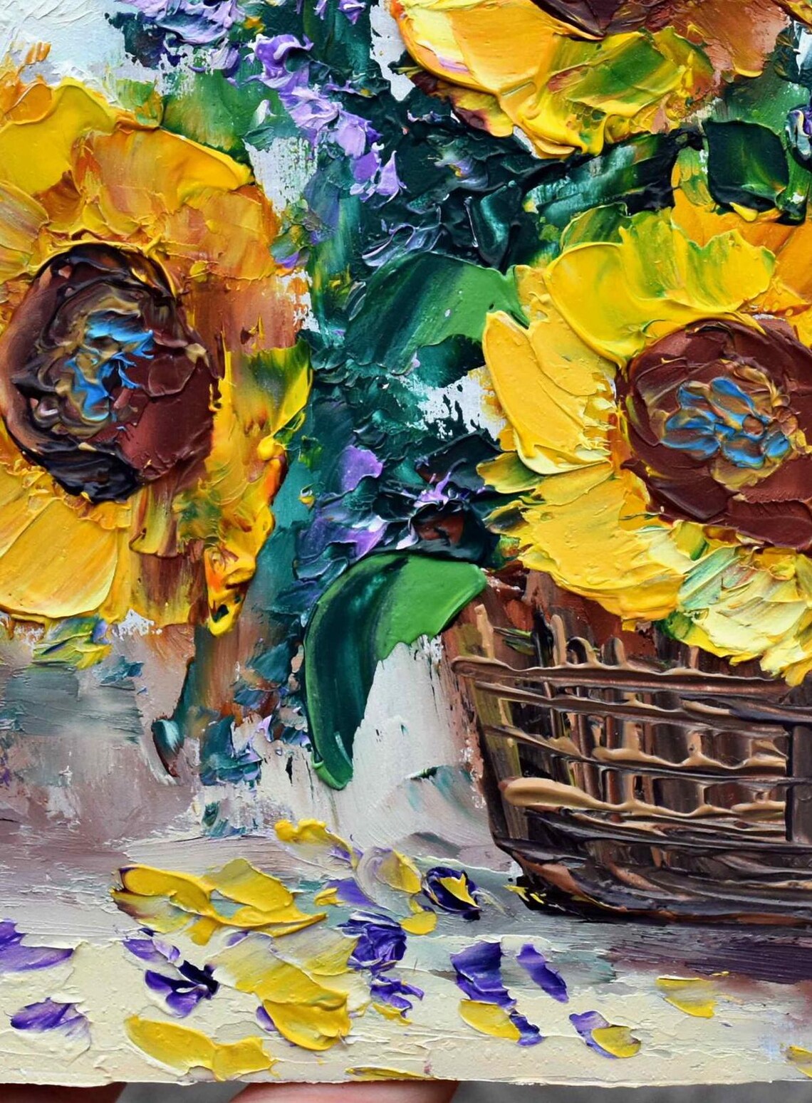 Sunflowers Bouquet In Woven Basket Rustic Floral Oil Art Poster - Image 4