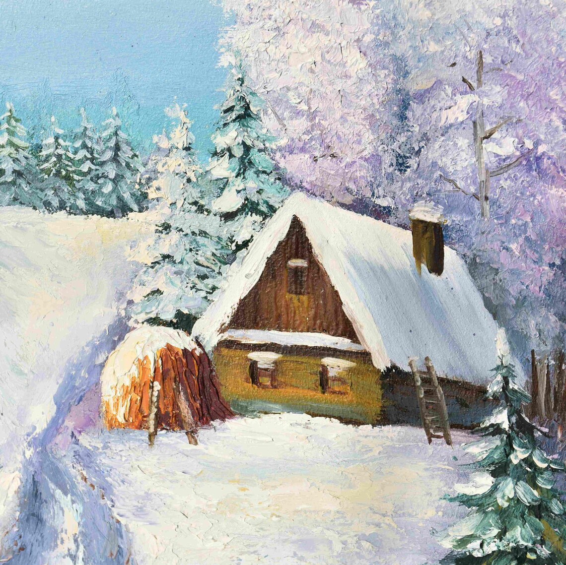 Winter Cabin Snowy Forest Cozy Landscape Impasto Oil Painting Poster - Image 3