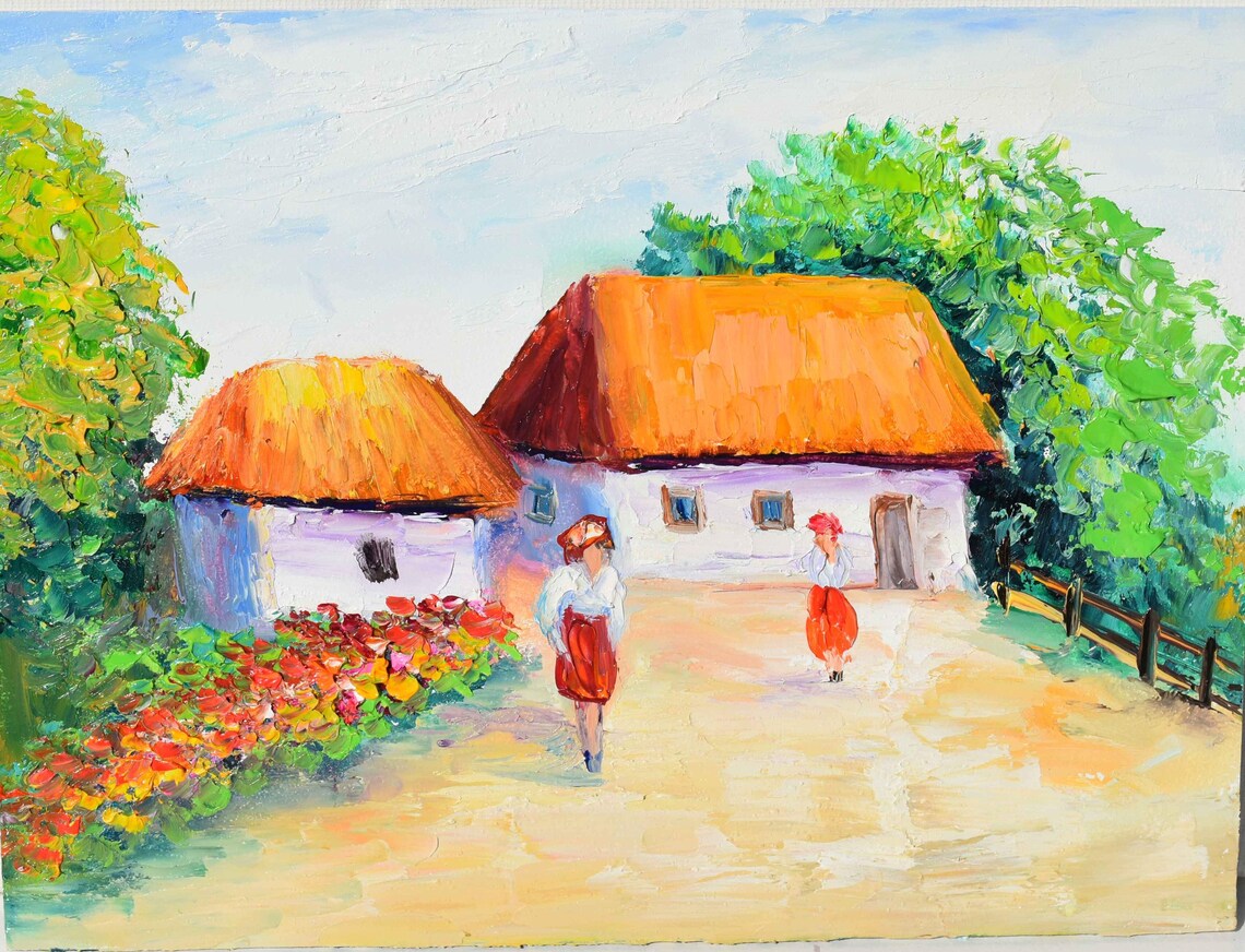 Ukrainian Village Women By Thatched Cottages Folk Art Poster - Image 2