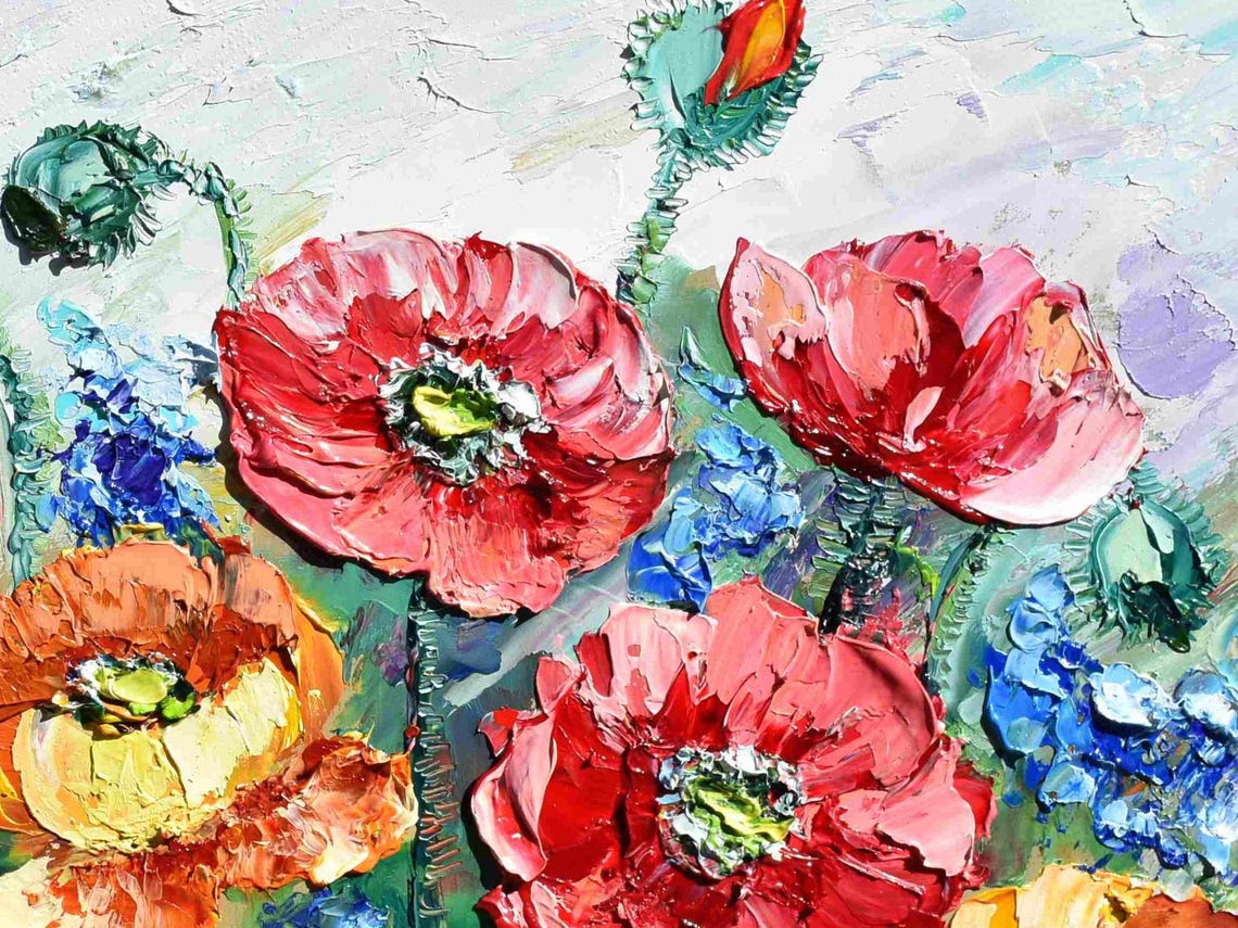 Red Poppy Painting Flowers Painting Meadow Flowers Art Poppy Original Art Floral Artwork Palette Knife Art Poppy Wall Art Wildflowers Oil - Image 5