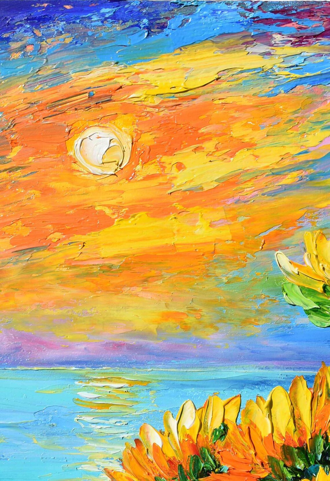 Sunflowers Overlooking Sea Sunset Waves Evening Coastal Art Poster - Image 3