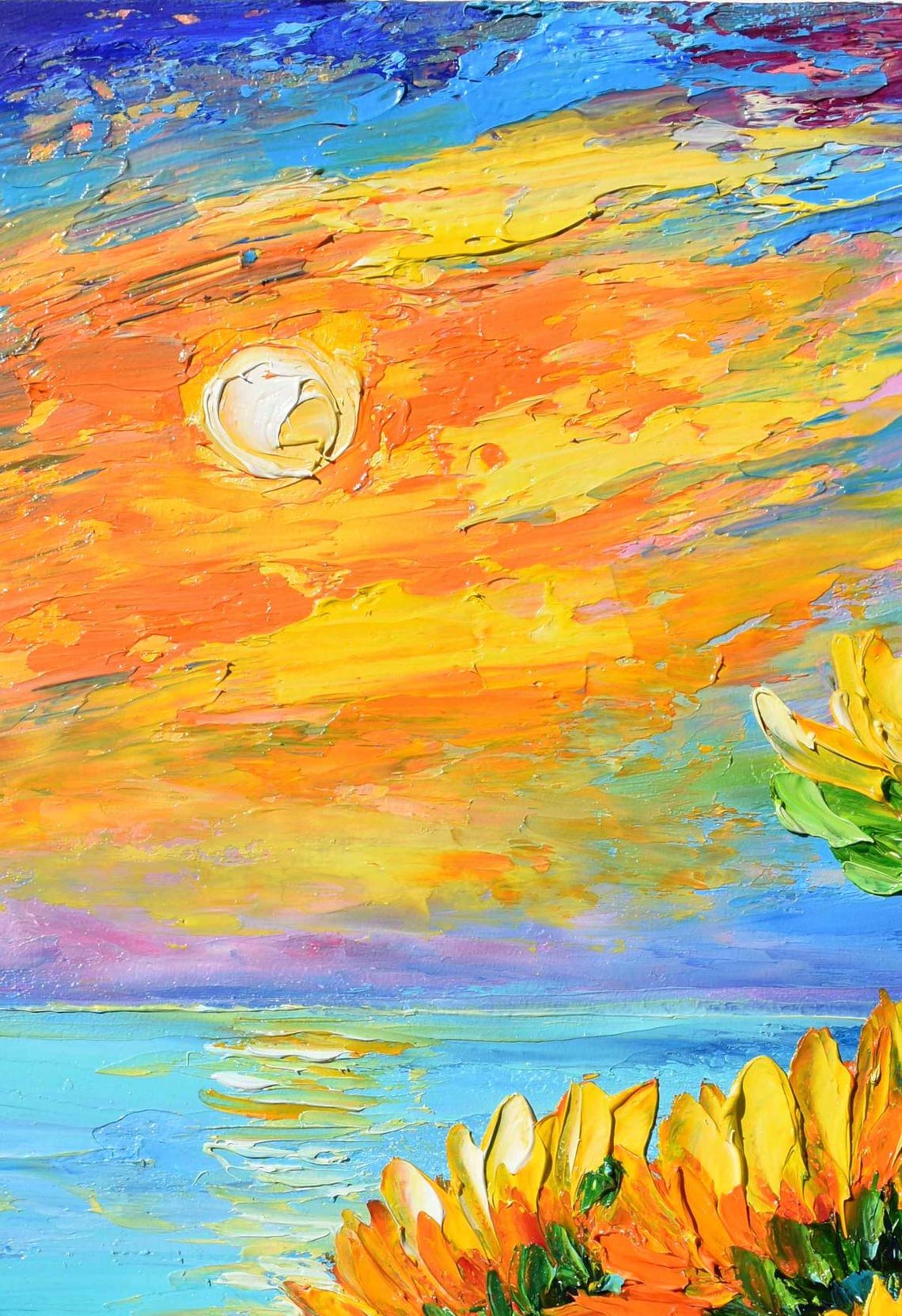 Sunflowers Painting Landscape Painting Yellow Flower Art Sea Painting Sunflower Wall Art Sunflowers Oil Summer Landscape Art Impasto Oil - Image 3