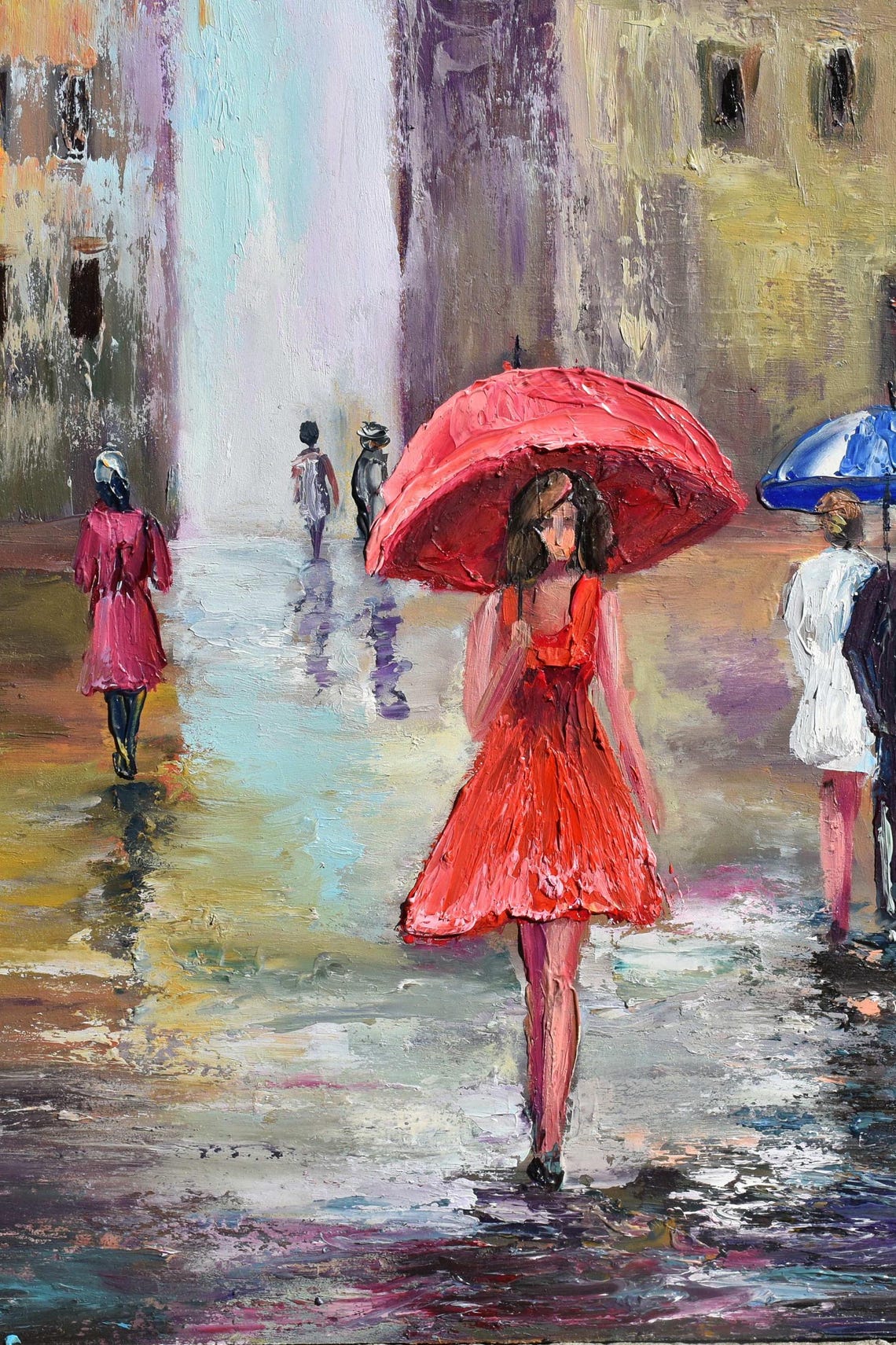 Girl With Umbrella People In The Rain Art Abstract Painting Art Rainy Day Street Painting Girl Painting City Square Art People In The Rain - Image 2