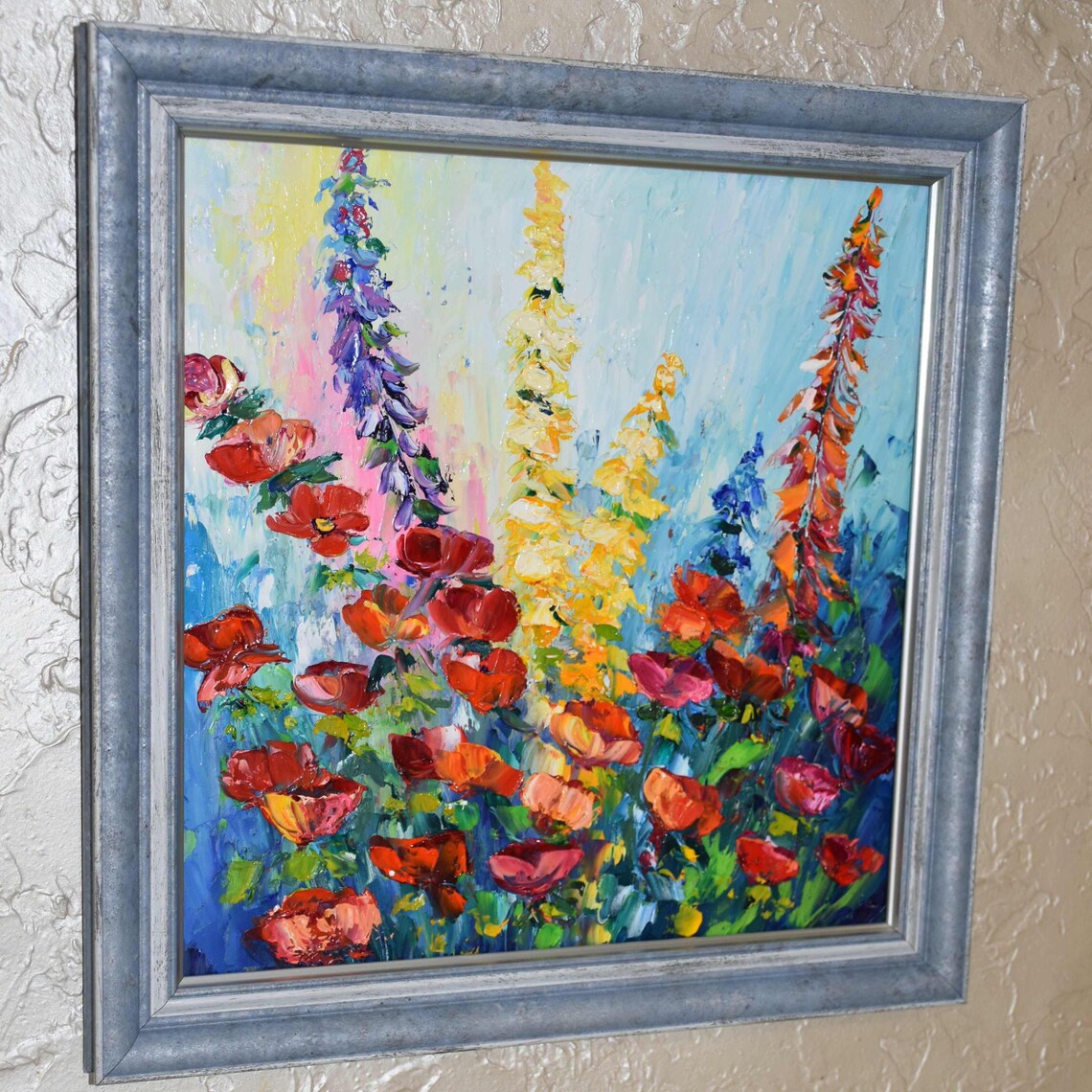 Red Poppies Impasto Oil Painting Bright Floral Blooms On Dark Wall Art - Image 4