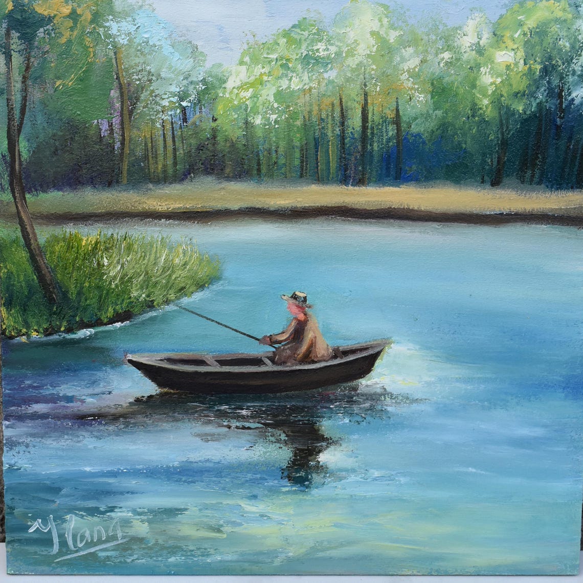 Fisherman Painting Landscape Painting Lake Painting Boat On The Lake Art Fisherman Art Lake Fish Pike Wall Art Summer Nature Landscape Art