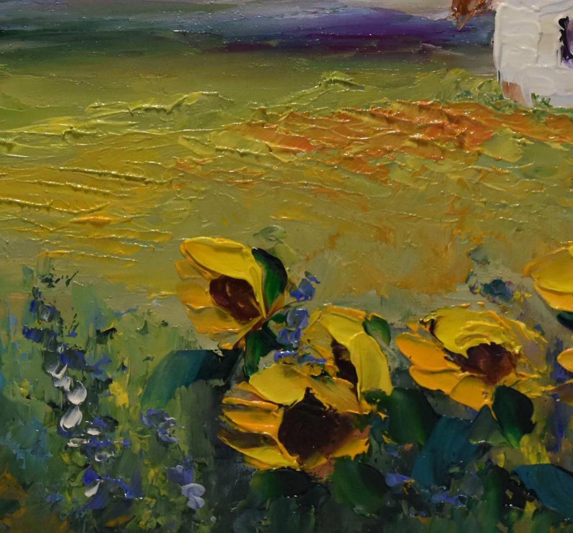 Country House Meadow Sunflowers Blue Sky Impasto Landscape Poster - Image 3
