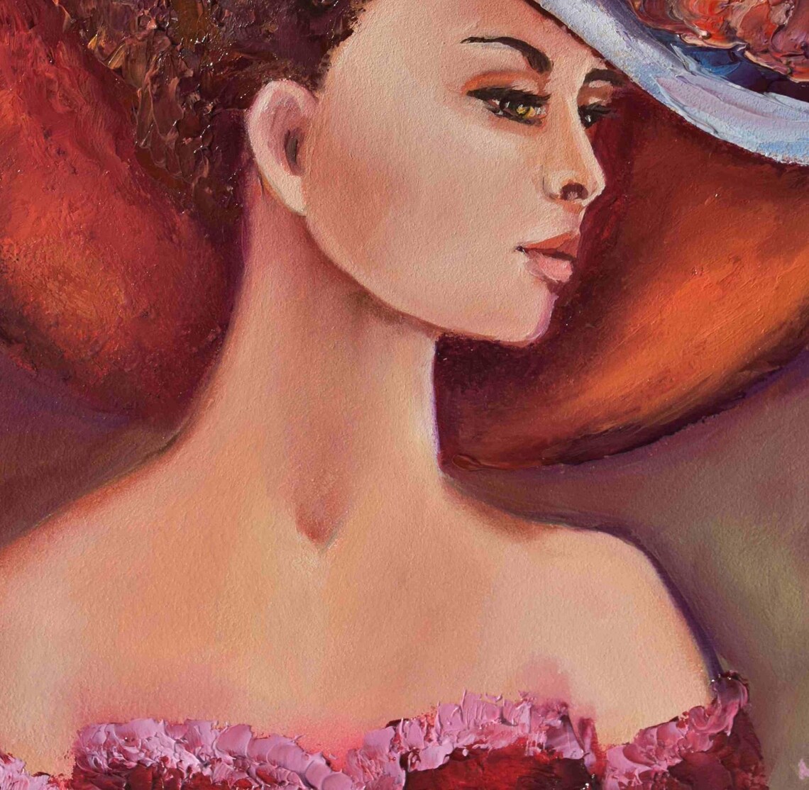 Elegant Woman in White Wide Brim Hat Red Dress Portrait Oil Painting Print
