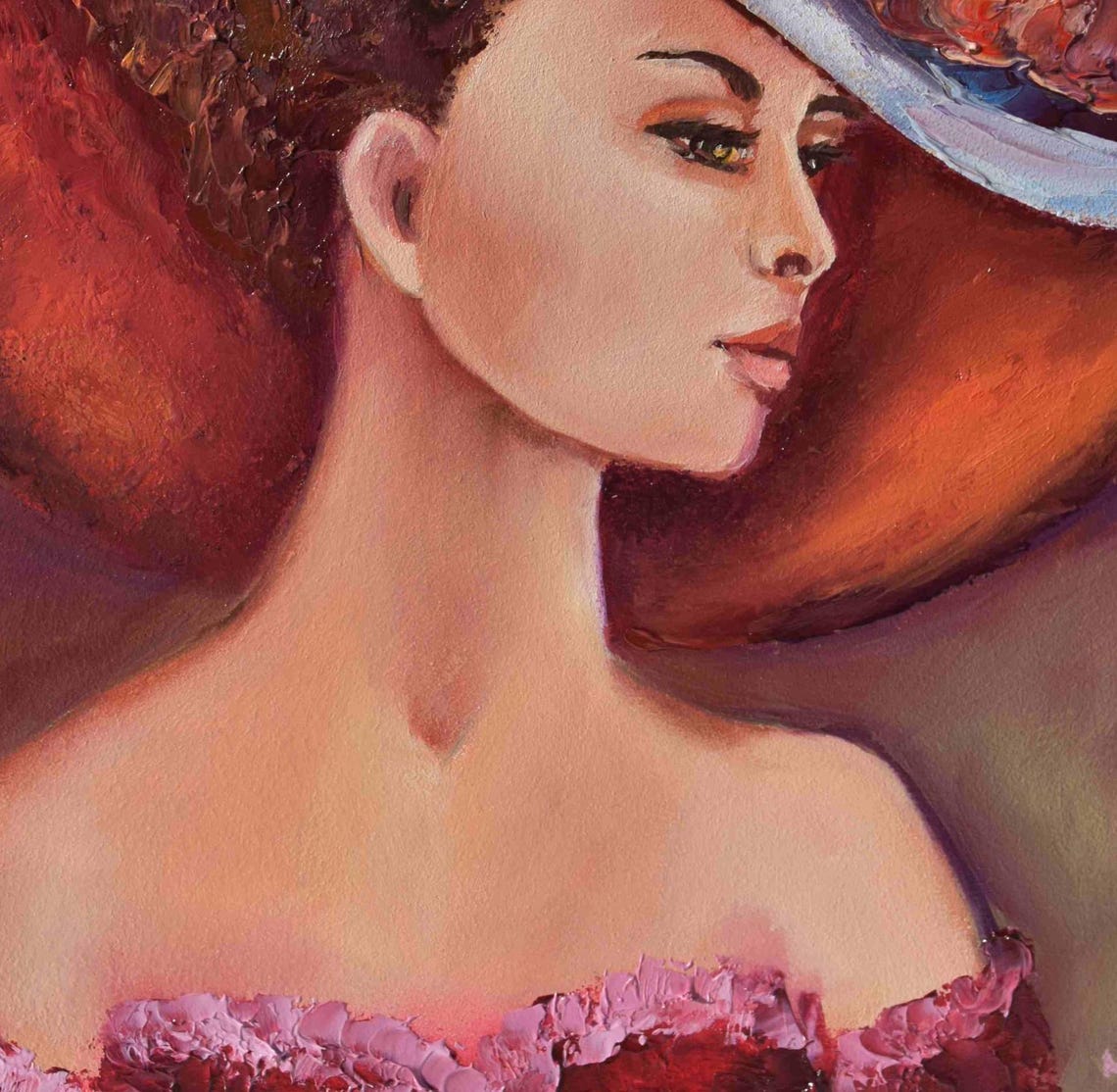 Girl Portrait Art Lady In Red Art Woman Oil Painting Lady Face Portrait Lady Painting Woman Wall Art Lady In A Red Hat Girl Painting Oil