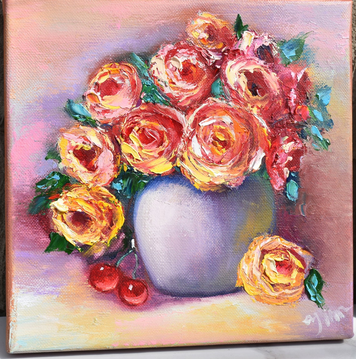 Yellow Roses Painting Floral Art Hand Painted Still Life Painting Rose Art Orange Painting Flowers Rose Painting Floral Oil Art Orig