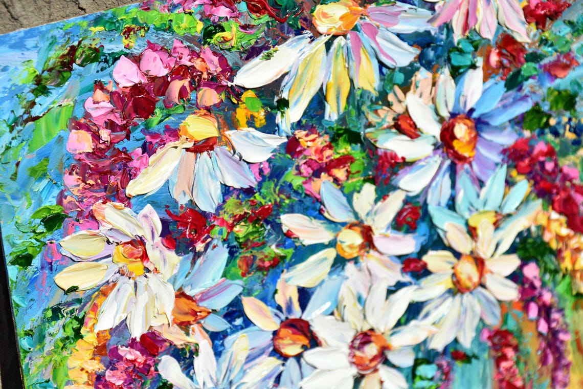 White Daisies Colorful Turquoise Background Impasto Floral Poster - Image 2
