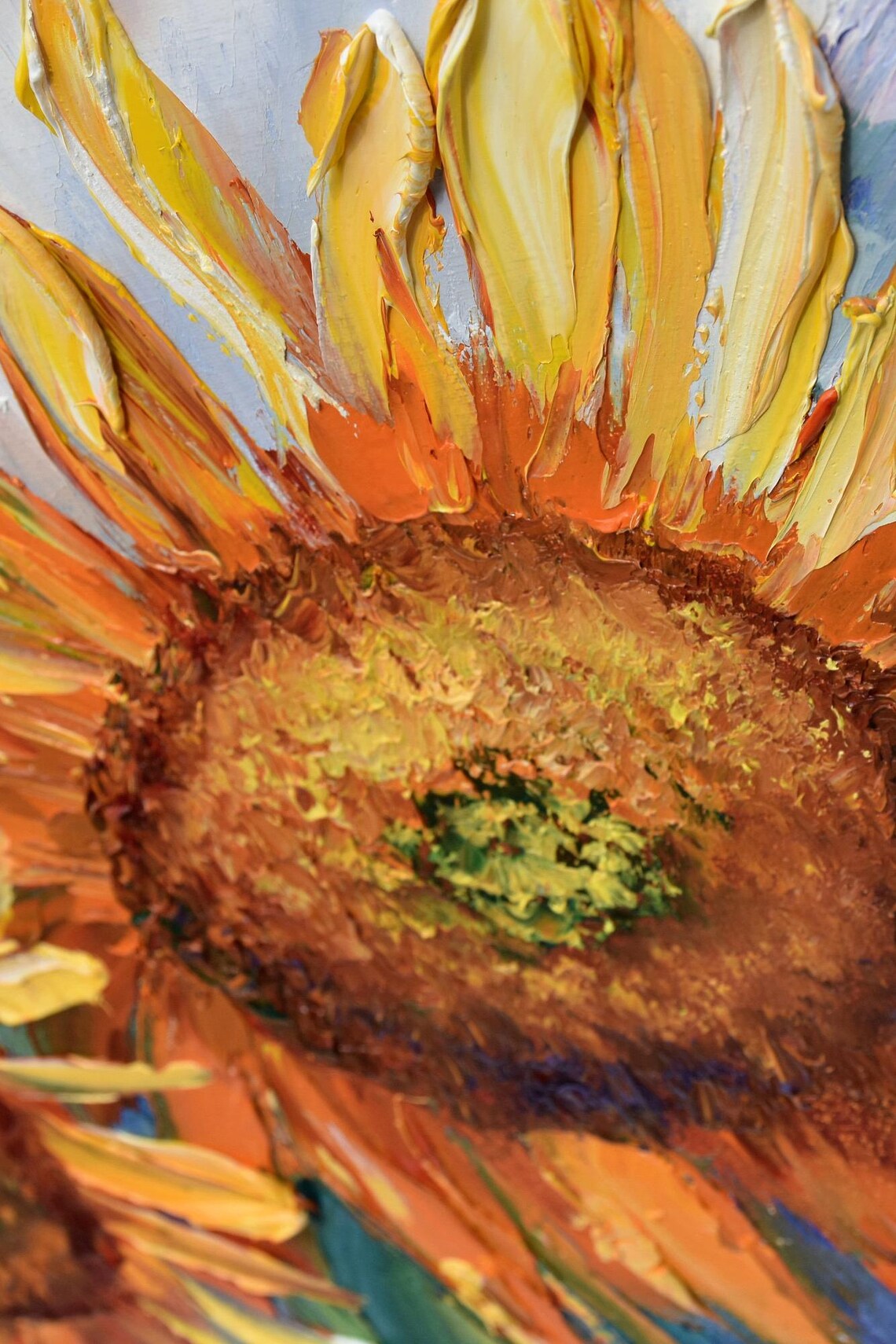 Two Sunflowers Close Up Blooming Yellow Floral Oil Art Poster - Image 2