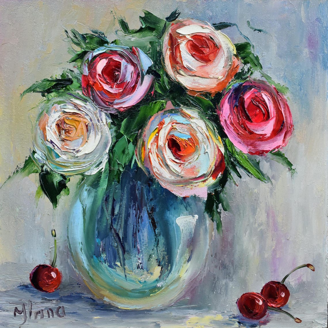 Pink Roses Painting Framed Art Flowers Still Life Cherries And Roses Art Pink Flowers Art Flower Oil Painting Bright Rose Art Oil Art Pink - Image 5