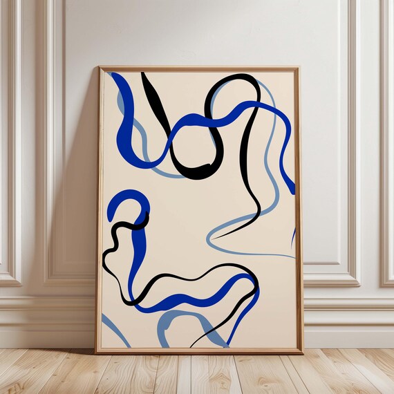 Abstract Blue Wavy Line Wall Art Large Size Minimalist Print Monochrome Modern Home Decor Gift For Her