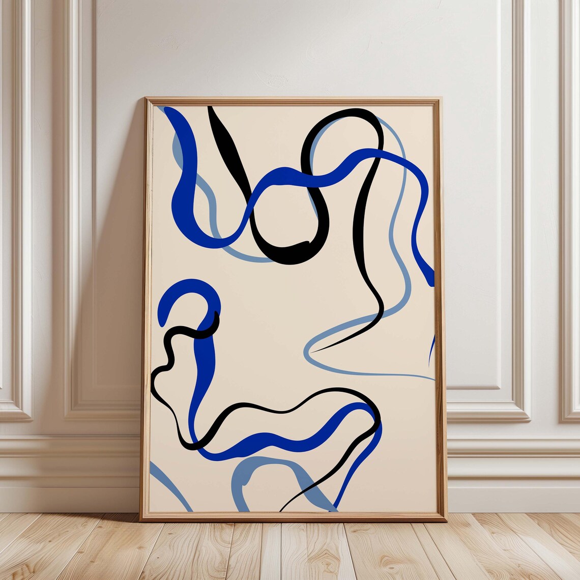 Abstract Blue Wavy Line Wall Art Large Size Minimalist Print Monochrome Modern Home Decor Gift For Her