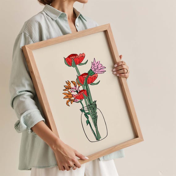 Flower Wall Art Floral Poster Botanical Colorful Eclectic Print Vase Modern Illustration