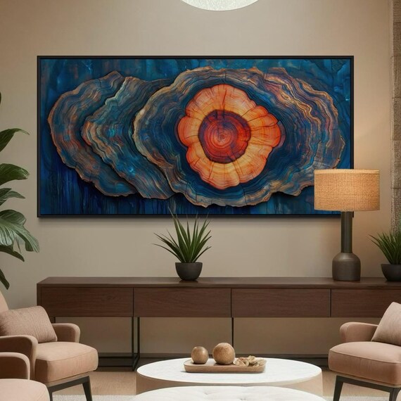 Old Tree Trunk Vibrant Wood Slice With Blue Orange Tones Abstract Nature Print For Rustic Modern Decor Perfect Above Bed