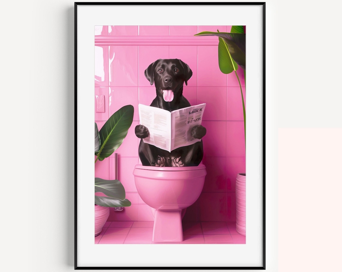 Black Labrador Reading on Toilet Funny Dog Art Print