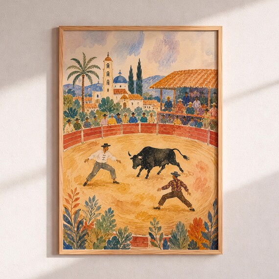 Spanish Bullfight Watercolor Poster Colonial Plaza Matador Bull Folk Art
