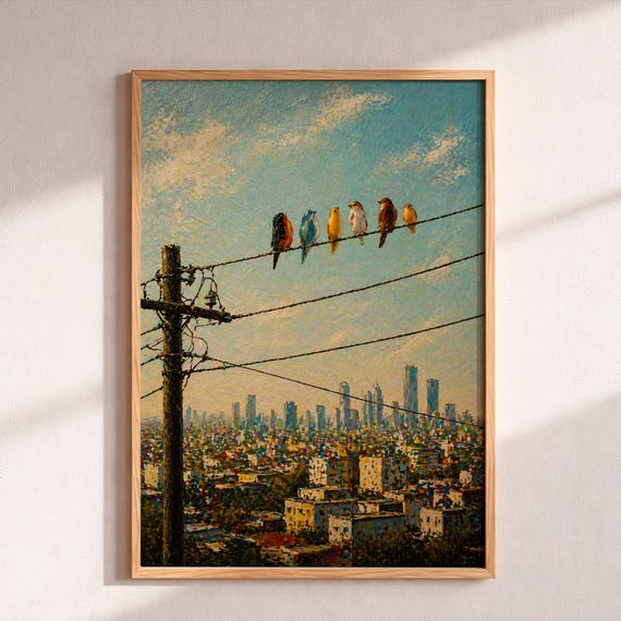 Birds On Wire Wall Art Impressionist City Skyline Poster Urban Nature Oil Painting Modern Living Room Decor Colorful Bird Illustration