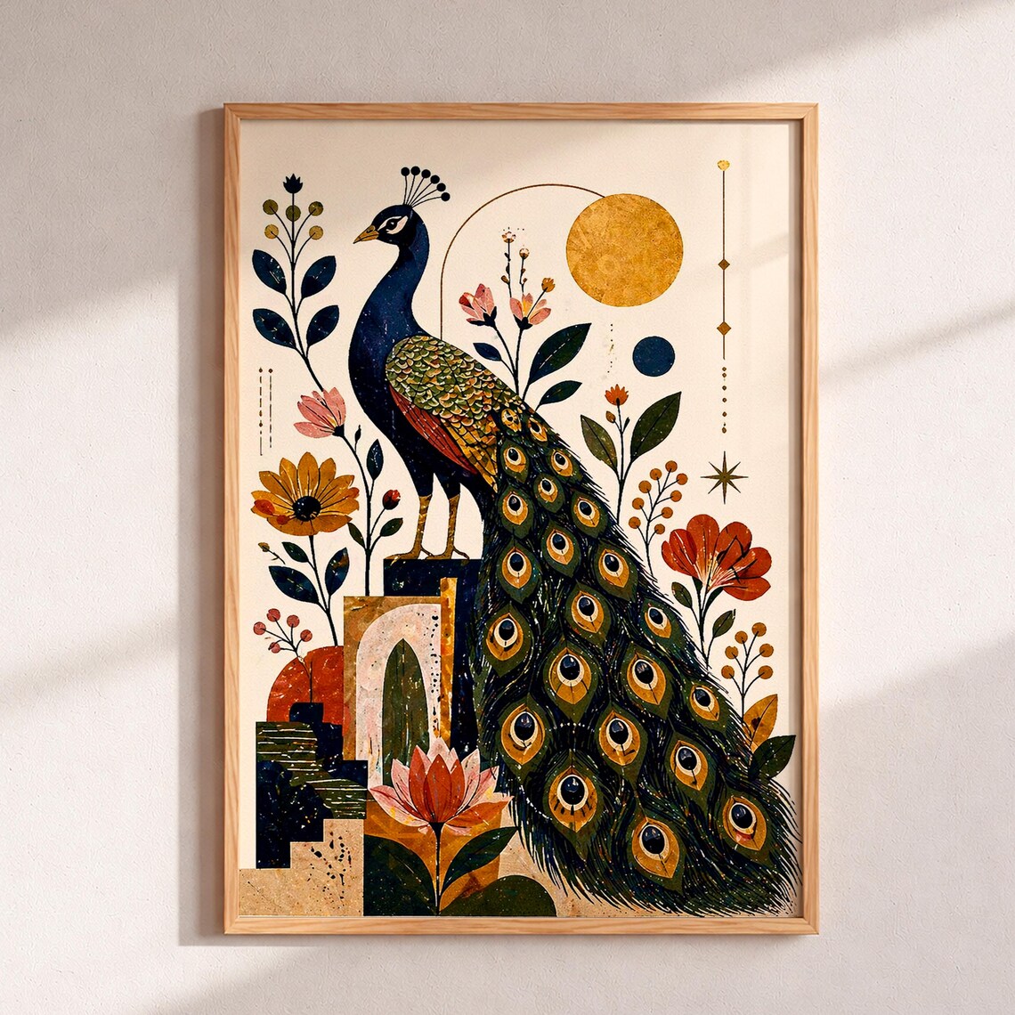 Peacock Art Print, Modern Boho Mid-Century Decor