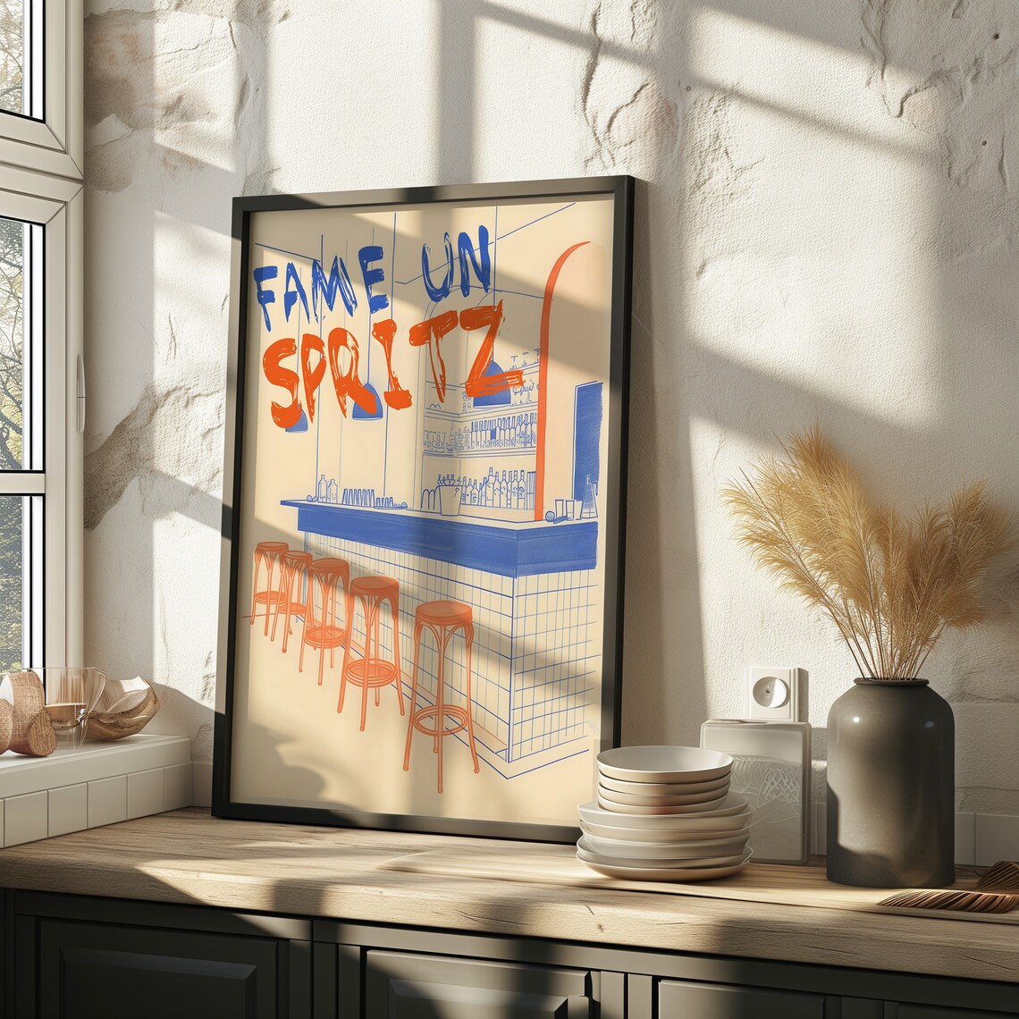 Fame Un Spritz Retro Italian Bar Poster Blue Orange Line Art Wall Decor - Image 2