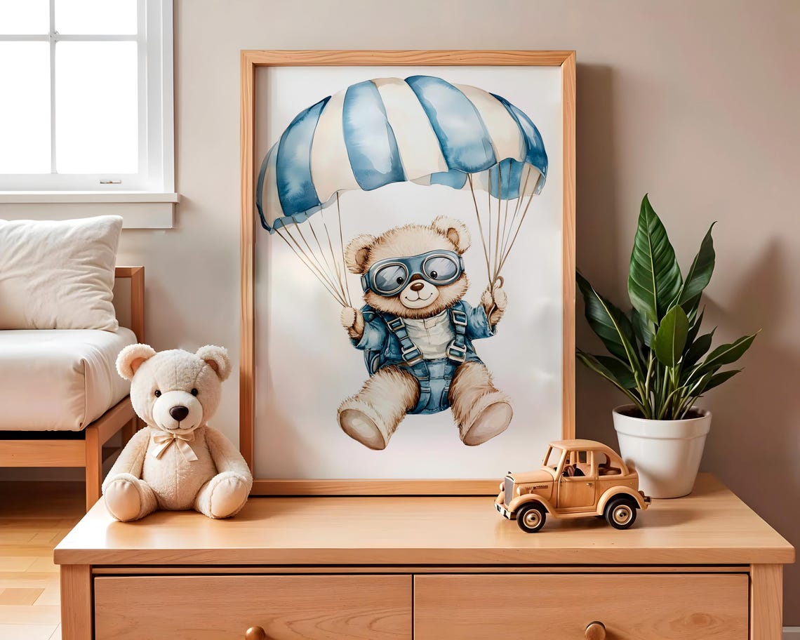 Cute Teddy Bear Skydiving Parachute Blue Nursery Art Decor Poster - Image 2