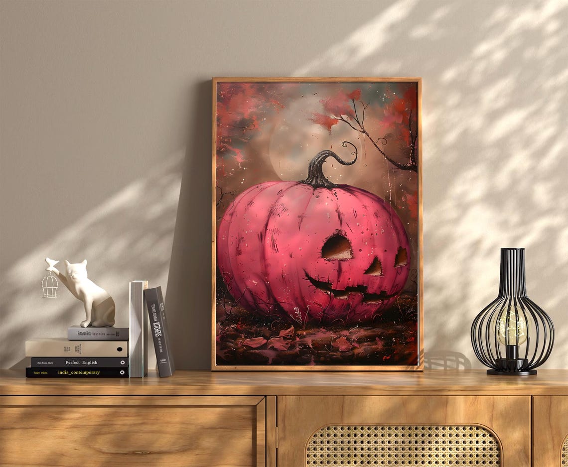 Pink Jack O Lantern Moonlit Painting Halloween Spooky Poster