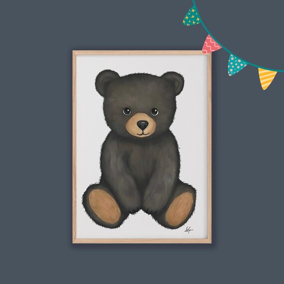 Sitting Black Teddy Bear Minimalist Nursery Kids Room Wall Art