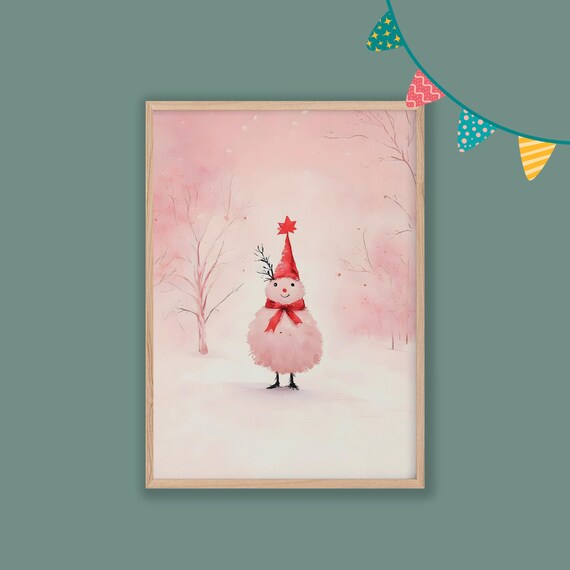 Pink Fluffy Snowman Red Hat Scarf Winter Wonderland Nursery Poster