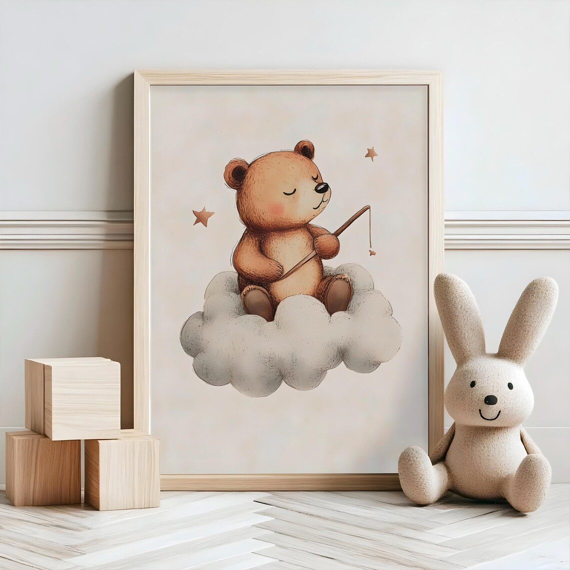 Sweet Teddy Bear Fishing Stars Cloud Dream Watercolor Nursery Poster - Image 2
