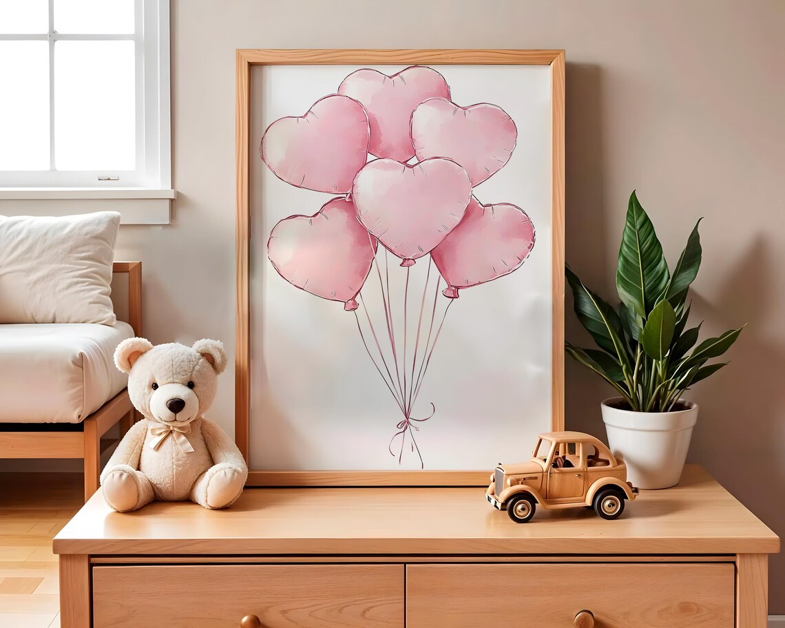 Pink Heart Balloons Watercolor Baby Girl Nursery Room Art Poster - Image 2