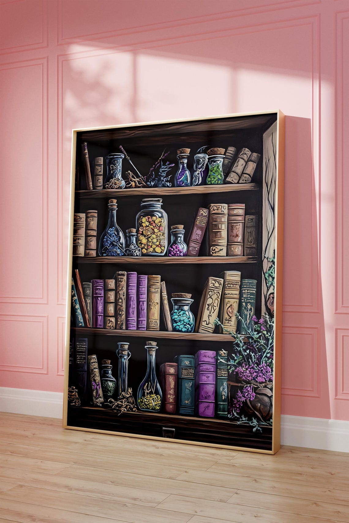 Witch Potion Bookshelf Spell Books Apothecary Magic Art Poster