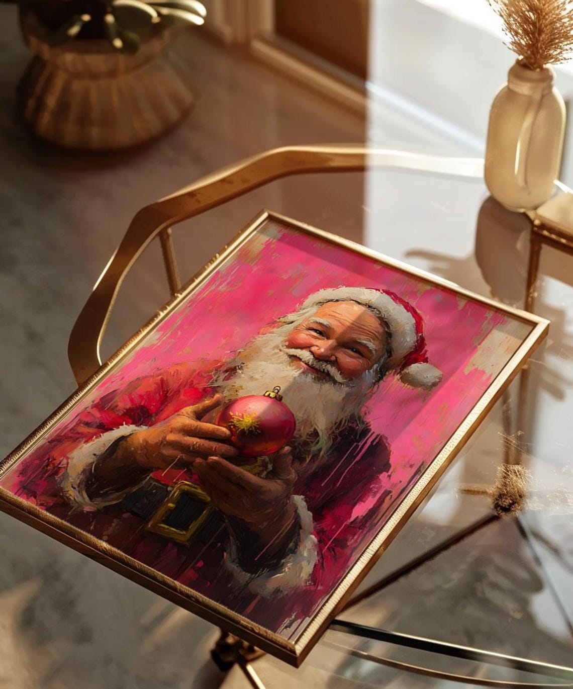 Pop Art Santa Claus Holding Ornament Pink Background Christmas Poster - Image 2