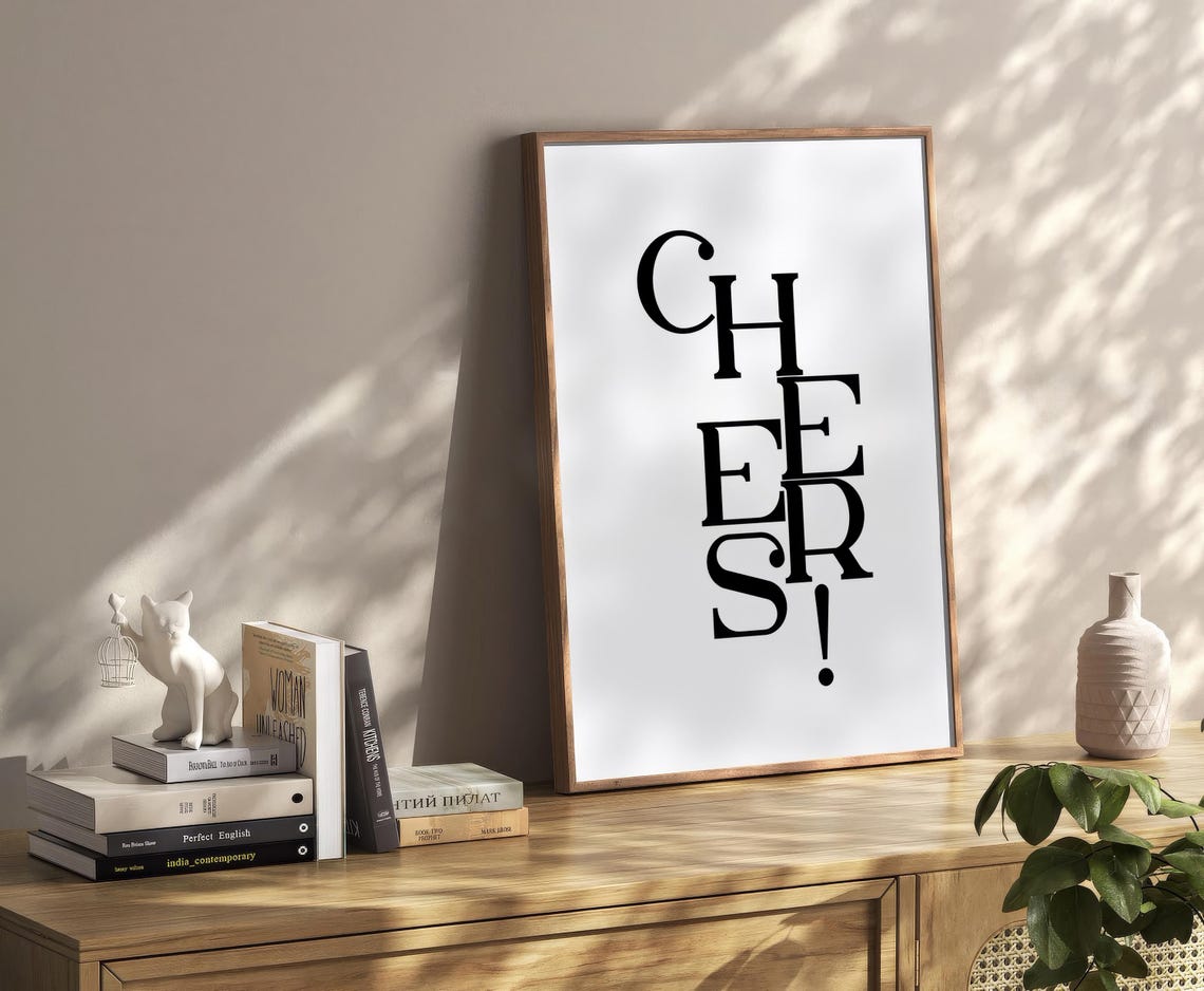 Cheers Stacked Letter Typography Minimalist Black And White Print - Image 2