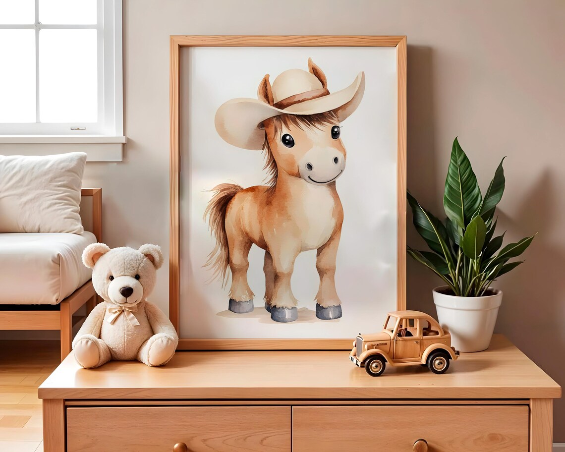 Cute Baby Horse Cowboy Hat Watercolor Nursery Art Decor Poster - Image 2