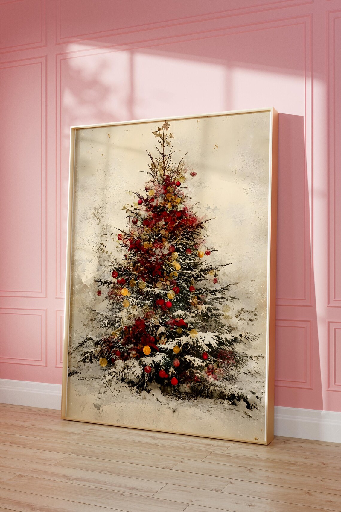 Snowy Christmas Tree In Red And Gold Watercolor Holiday Art Poster - Image 3