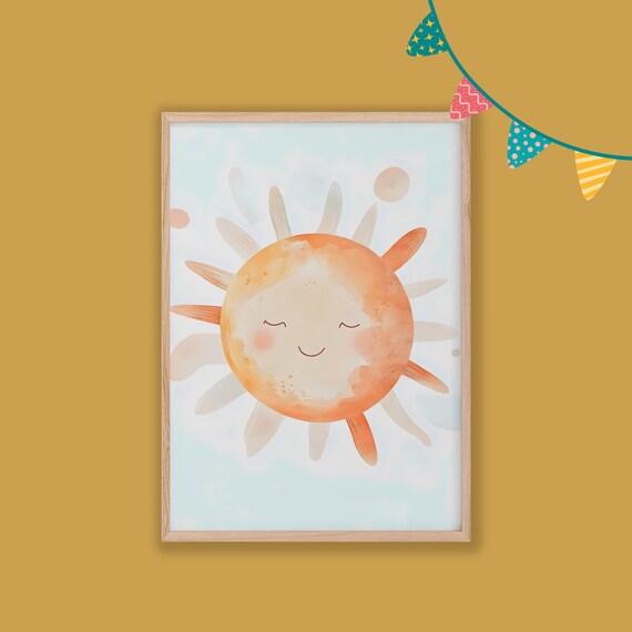 Cute Smiling Sun Watercolor Happy Sunshine Nursery Decor Poster
