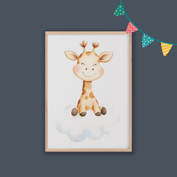 Cute Baby Giraffe Sitting On Cloud Watercolor Nursery Poster