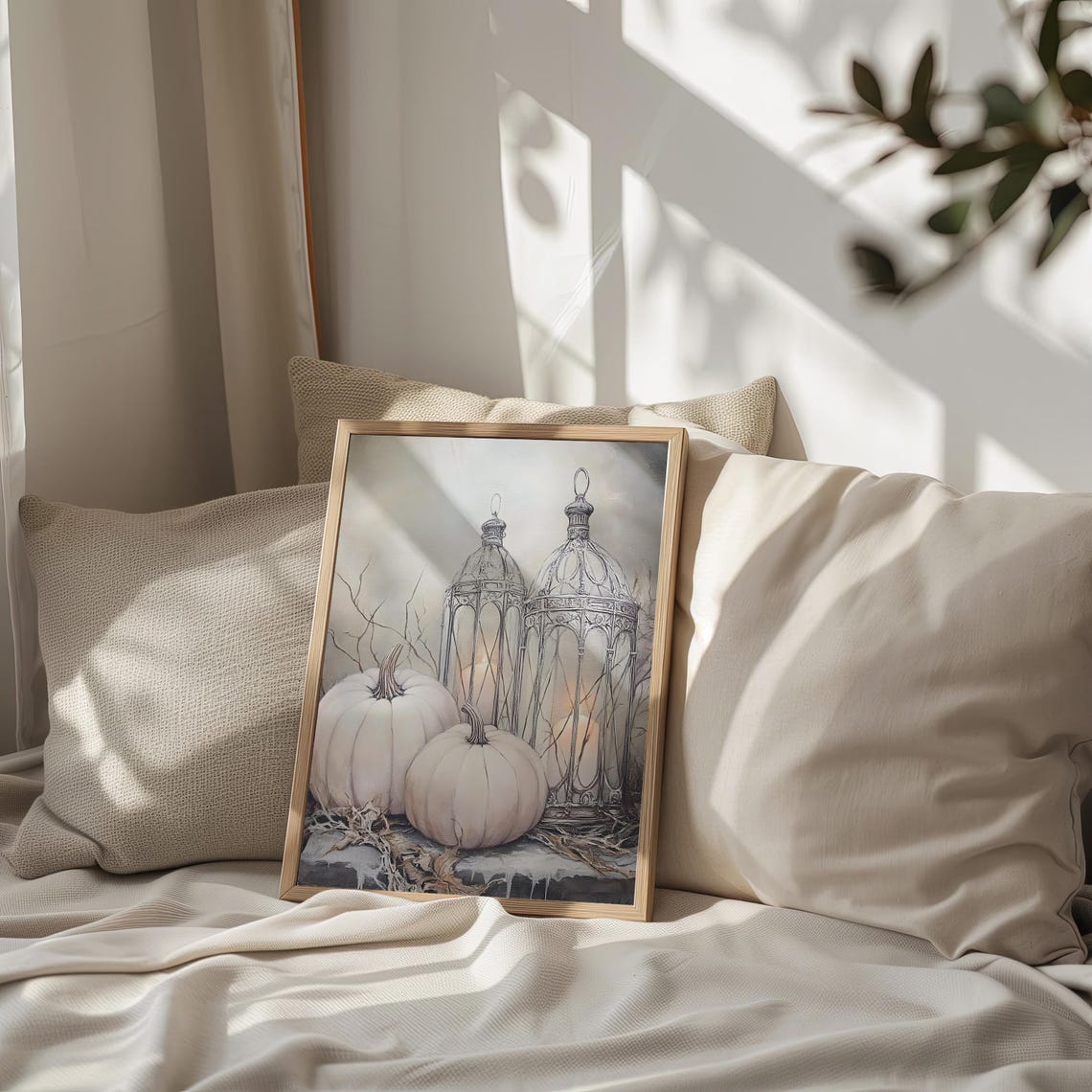 White Pumpkins And Wire Lanterns Neutral Fall Halloween Print - Image 2
