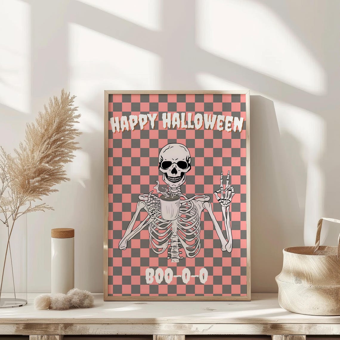 Happy Halloween Skeleton Coffee Checkerboard Retro Spooky Poster - Image 3