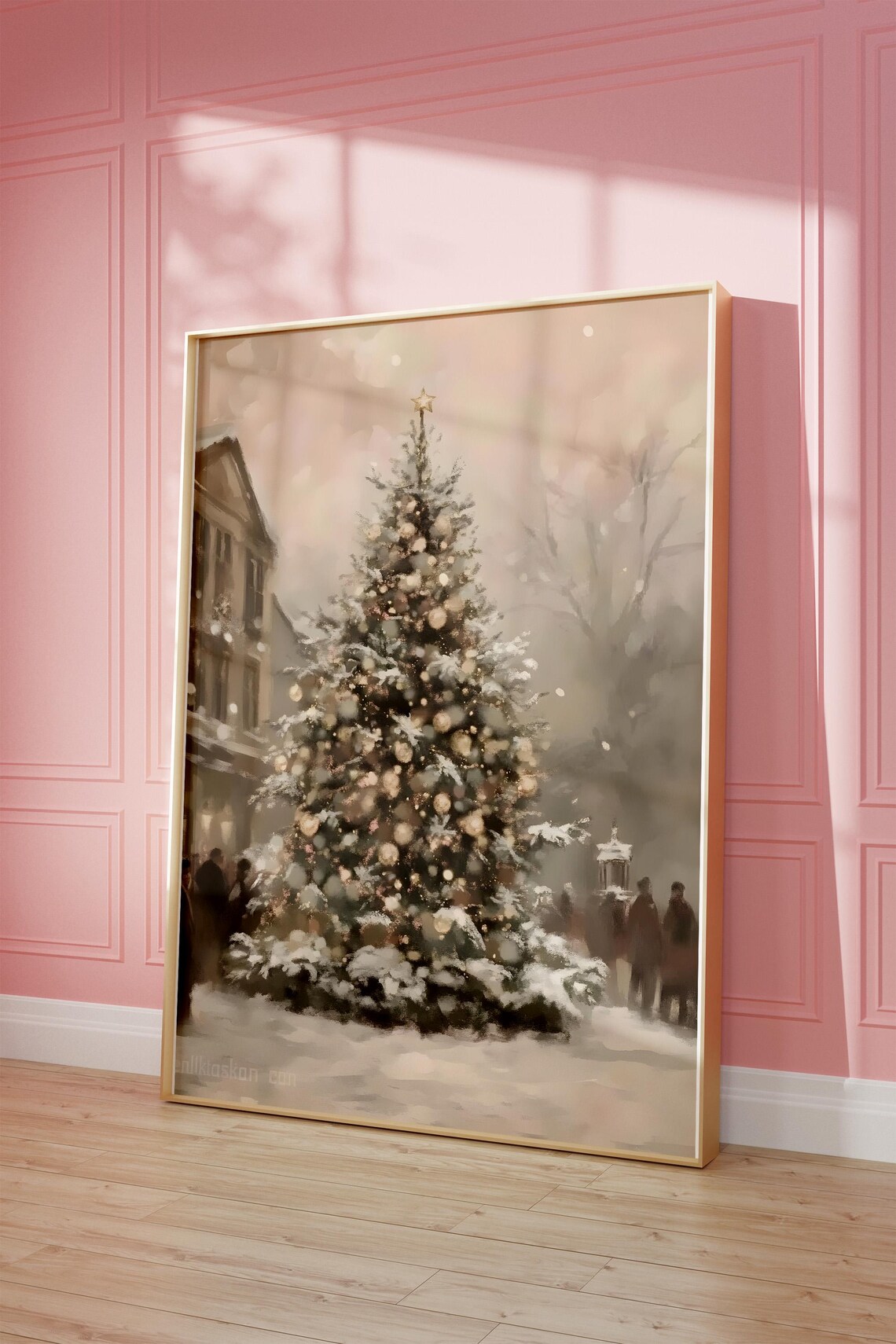 Snowy Town Christmas Tree Dusk Lights Vintage Painting Poster - Image 3