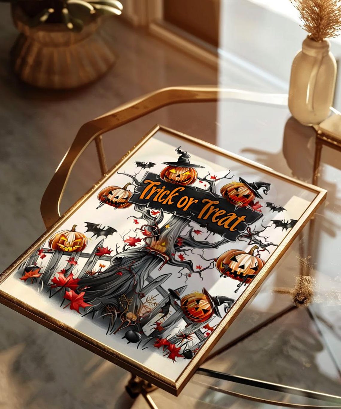 Trick or Treat Pumpkin Tree Witch Hats Spooky Halloween Art Poster - Image 4