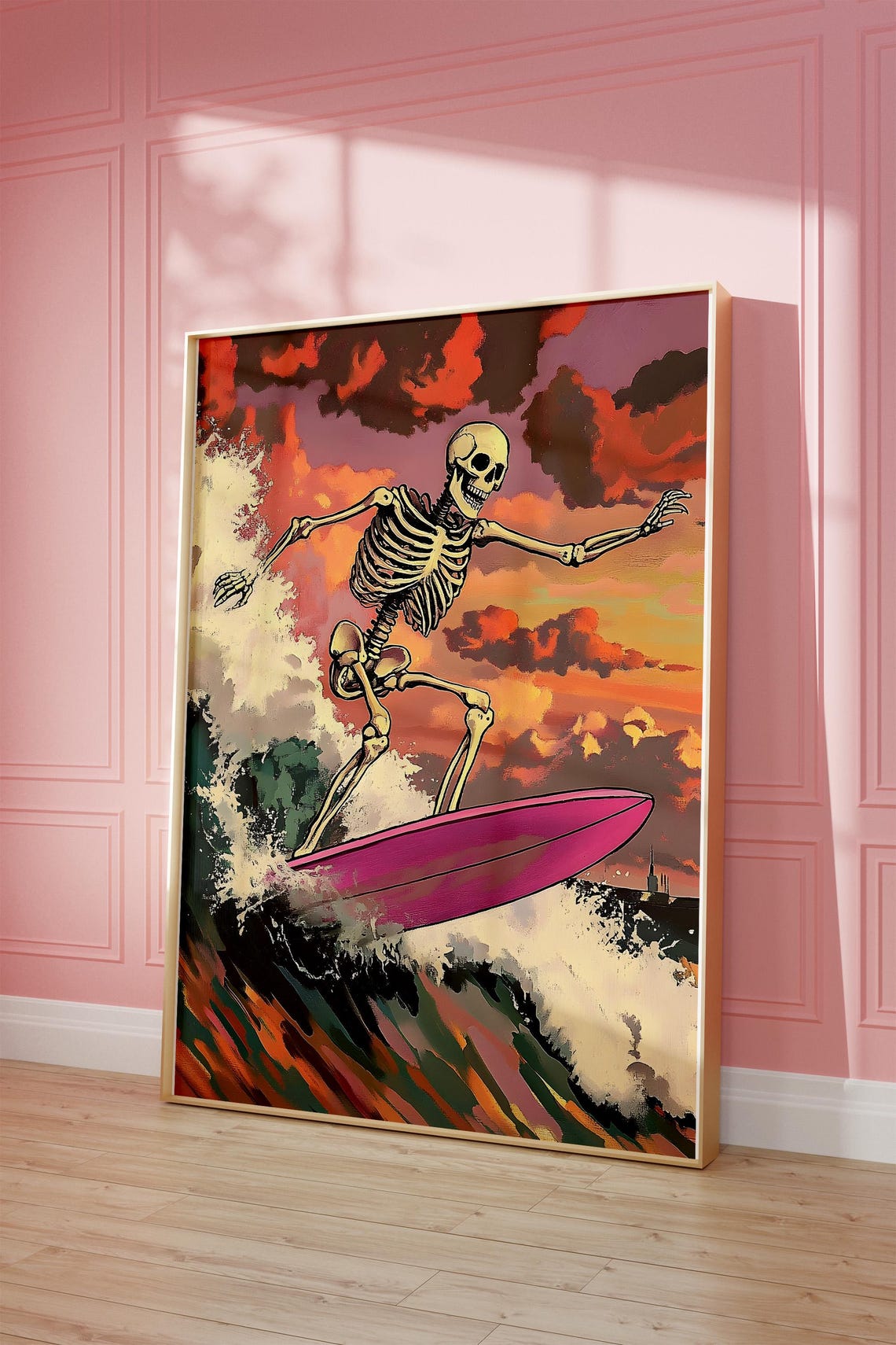 Skeleton Surfing Pink Surfboard Sunset Wave Summer Art Poster