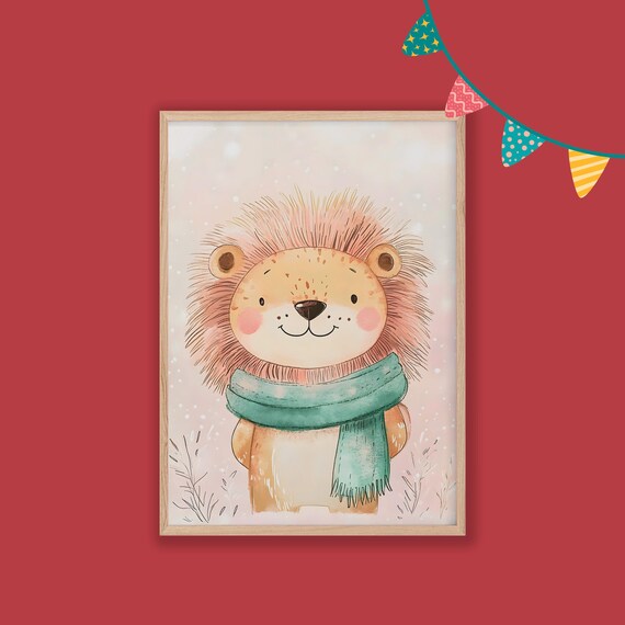 Lion Wearing A Cozy Teal Scarf Watercolor Nursery Wall Poster